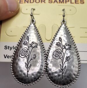Boho Silver Rose Engraved Teardrop Earrings Statement